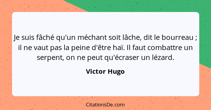 Je suis fâché qu'un méchant soit lâche, dit le bourreau ; il ne vaut pas la peine d'être haï. Il faut combattre un serpent, on ne p... - Victor Hugo