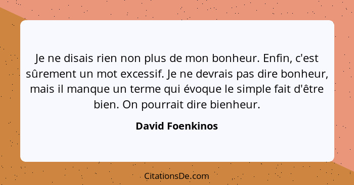 Je ne disais rien non plus de mon bonheur. Enfin, c'est sûrement un mot excessif. Je ne devrais pas dire bonheur, mais il manque un... - David Foenkinos