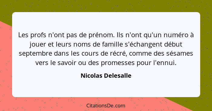 Les profs n'ont pas de prénom. Ils n'ont qu'un numéro à jouer et leurs noms de famille s'échangent début septembre dans les cours... - Nicolas Delesalle