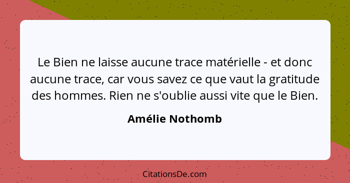 Le Bien ne laisse aucune trace matérielle - et donc aucune trace, car vous savez ce que vaut la gratitude des hommes. Rien ne s'oubli... - Amélie Nothomb