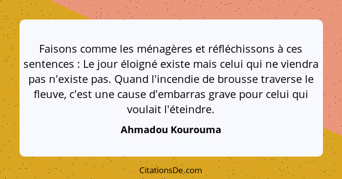 Faisons comme les ménagères et réfléchissons à ces sentences : Le jour éloigné existe mais celui qui ne viendra pas n'existe p... - Ahmadou Kourouma