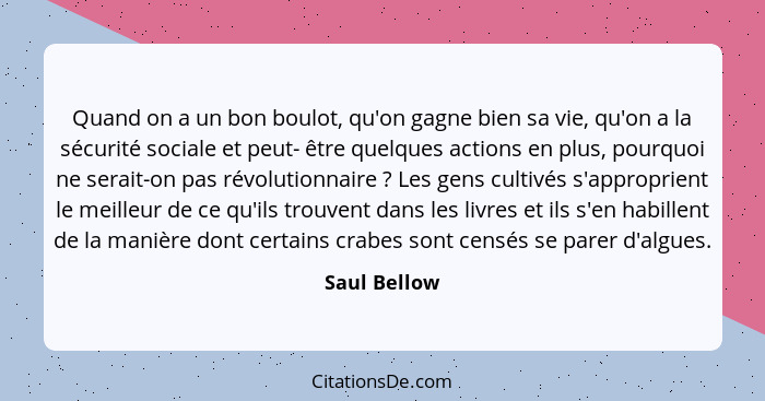 Quand on a un bon boulot, qu'on gagne bien sa vie, qu'on a la sécurité sociale et peut- être quelques actions en plus, pourquoi ne serai... - Saul Bellow