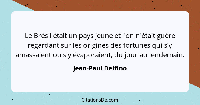 Le Brésil était un pays jeune et l'on n'était guère regardant sur les origines des fortunes qui s'y amassaient ou s'y évaporaient,... - Jean-Paul Delfino