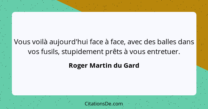 Vous voilà aujourd'hui face à face, avec des balles dans vos fusils, stupidement prêts à vous entretuer.... - Roger Martin du Gard