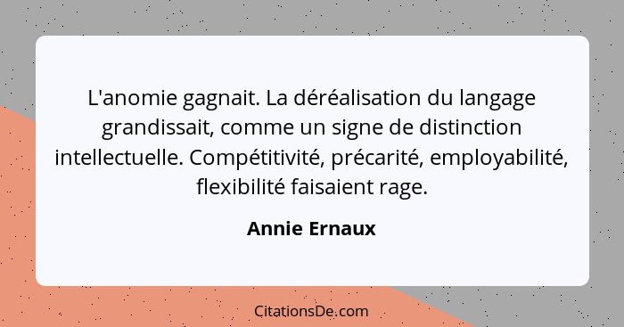 L'anomie gagnait. La déréalisation du langage grandissait, comme un signe de distinction intellectuelle. Compétitivité, précarité, empl... - Annie Ernaux