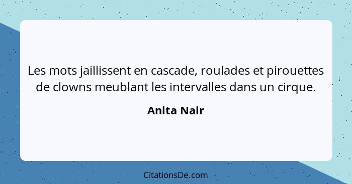 Les mots jaillissent en cascade, roulades et pirouettes de clowns meublant les intervalles dans un cirque.... - Anita Nair