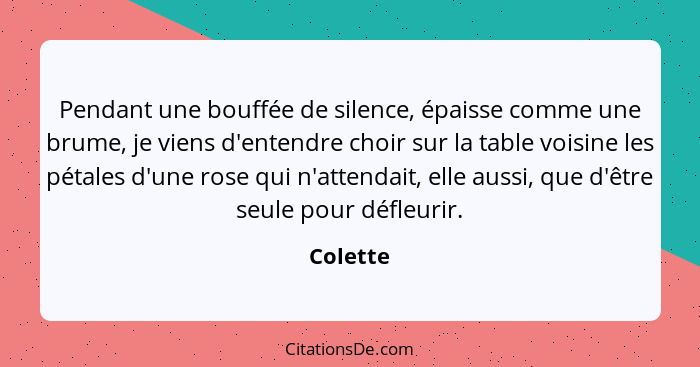 Pendant une bouffée de silence, épaisse comme une brume, je viens d'entendre choir sur la table voisine les pétales d'une rose qui n'attenda... - Colette