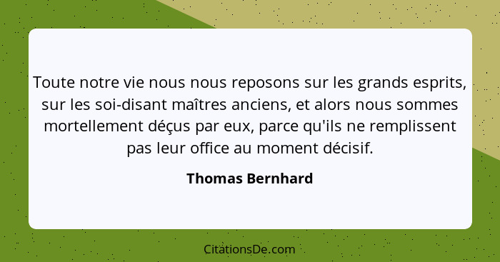 Toute notre vie nous nous reposons sur les grands esprits, sur les soi-disant maîtres anciens, et alors nous sommes mortellement déç... - Thomas Bernhard