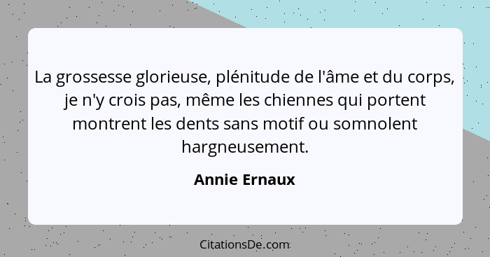 La grossesse glorieuse, plénitude de l'âme et du corps, je n'y crois pas, même les chiennes qui portent montrent les dents sans motif o... - Annie Ernaux