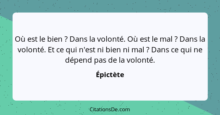 Où est le bien ? Dans la volonté. Où est le mal ? Dans la volonté. Et ce qui n'est ni bien ni mal ? Dans ce qui ne dépend pa... - Épictète