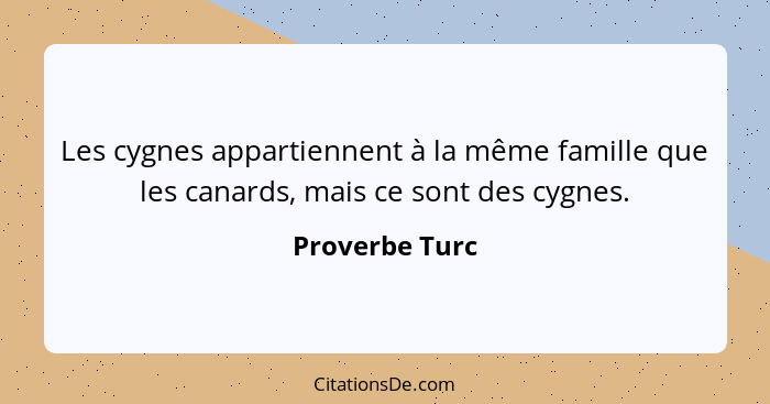 Les cygnes appartiennent à la même famille que les canards, mais ce sont des cygnes.... - Proverbe Turc