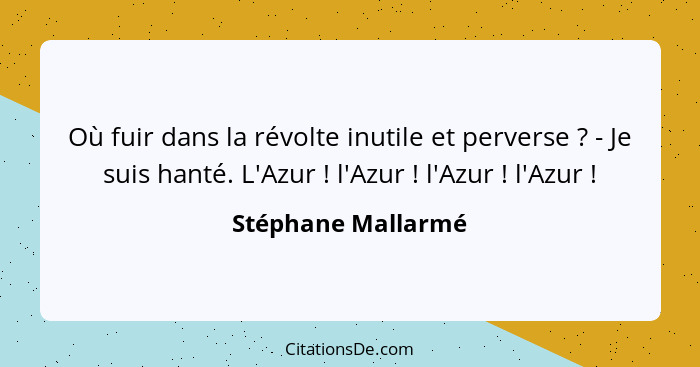 Où fuir dans la révolte inutile et perverse ? - Je suis hanté. L'Azur ! l'Azur ! l'Azur ! l'Azur !... - Stéphane Mallarmé