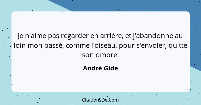 Je n'aime pas regarder en arrière, et j'abandonne au loin mon passé, comme l'oiseau, pour s'envoler, quitte son ombre.... - André Gide