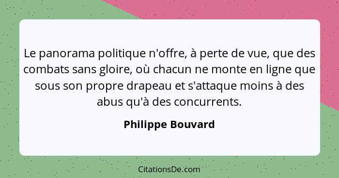 Le panorama politique n'offre, à perte de vue, que des combats sans gloire, où chacun ne monte en ligne que sous son propre drapeau... - Philippe Bouvard