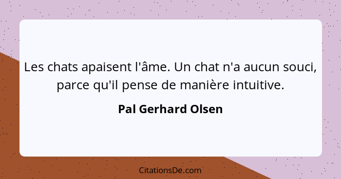 Les chats apaisent l'âme. Un chat n'a aucun souci, parce qu'il pense de manière intuitive.... - Pal Gerhard Olsen