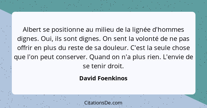 Albert se positionne au milieu de la lignée d'hommes dignes. Oui, ils sont dignes. On sent la volonté de ne pas offrir en plus du re... - David Foenkinos