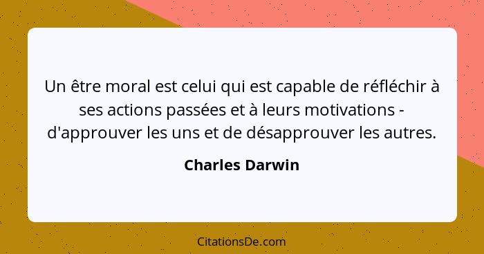 Un être moral est celui qui est capable de réfléchir à ses actions passées et à leurs motivations - d'approuver les uns et de désappr... - Charles Darwin