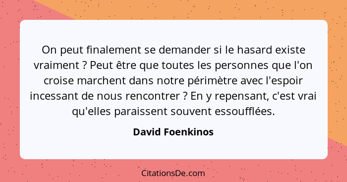 On peut finalement se demander si le hasard existe vraiment ? Peut être que toutes les personnes que l'on croise marchent dans... - David Foenkinos