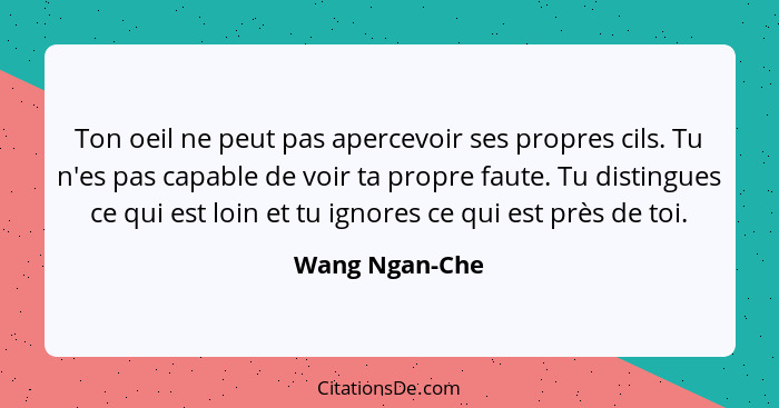 Ton oeil ne peut pas apercevoir ses propres cils. Tu n'es pas capable de voir ta propre faute. Tu distingues ce qui est loin et tu ign... - Wang Ngan-Che