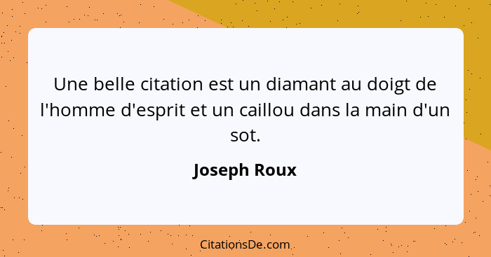 Une belle citation est un diamant au doigt de l'homme d'esprit et un caillou dans la main d'un sot.... - Joseph Roux