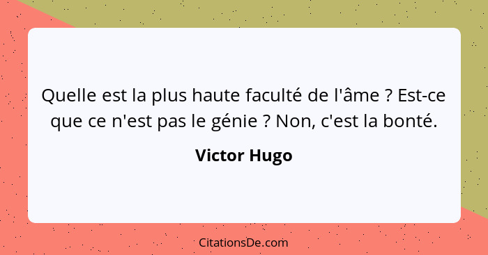 Quelle est la plus haute faculté de l'âme ? Est-ce que ce n'est pas le génie ? Non, c'est la bonté.... - Victor Hugo