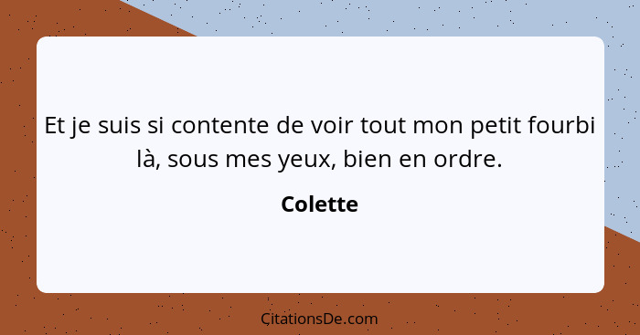 Et je suis si contente de voir tout mon petit fourbi là, sous mes yeux, bien en ordre.... - Colette