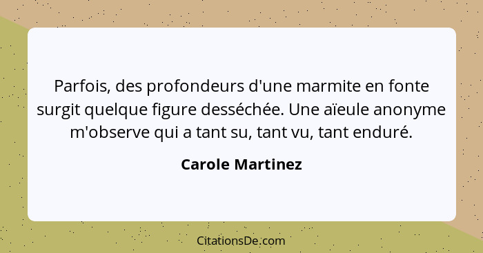 Parfois, des profondeurs d'une marmite en fonte surgit quelque figure desséchée. Une aïeule anonyme m'observe qui a tant su, tant vu... - Carole Martinez