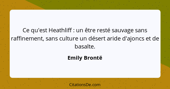 Ce qu'est Heathliff : un être resté sauvage sans raffinement, sans culture un désert aride d'ajoncs et de basalte.... - Emily Brontë