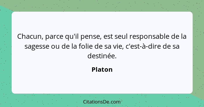 Chacun, parce qu'il pense, est seul responsable de la sagesse ou de la folie de sa vie, c'est-à-dire de sa destinée.... - Platon