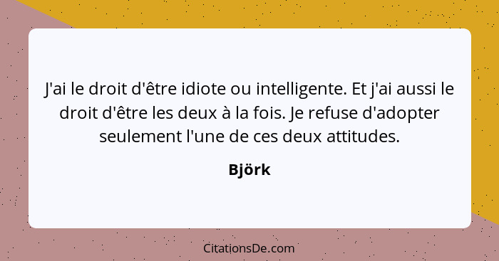 J'ai le droit d'être idiote ou intelligente. Et j'ai aussi le droit d'être les deux à la fois. Je refuse d'adopter seulement l'une de ces deux... - Björk