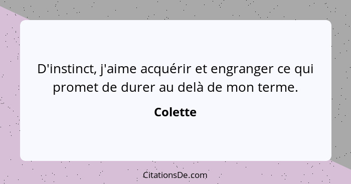 D'instinct, j'aime acquérir et engranger ce qui promet de durer au delà de mon terme.... - Colette