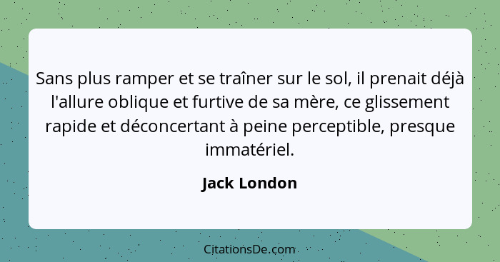 Sans plus ramper et se traîner sur le sol, il prenait déjà l'allure oblique et furtive de sa mère, ce glissement rapide et déconcertant... - Jack London