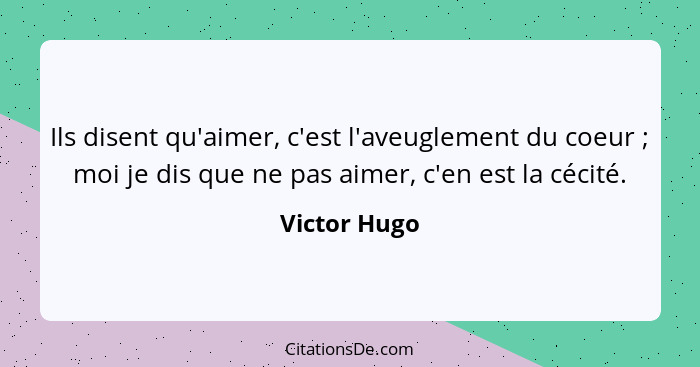 Ils disent qu'aimer, c'est l'aveuglement du coeur ; moi je dis que ne pas aimer, c'en est la cécité.... - Victor Hugo