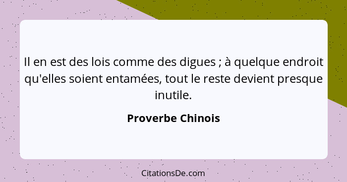 Il en est des lois comme des digues ; à quelque endroit qu'elles soient entamées, tout le reste devient presque inutile.... - Proverbe Chinois