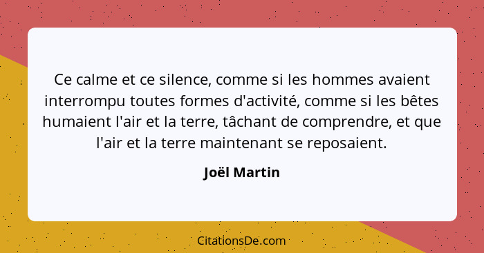 Ce calme et ce silence, comme si les hommes avaient interrompu toutes formes d'activité, comme si les bêtes humaient l'air et la terre,... - Joël Martin