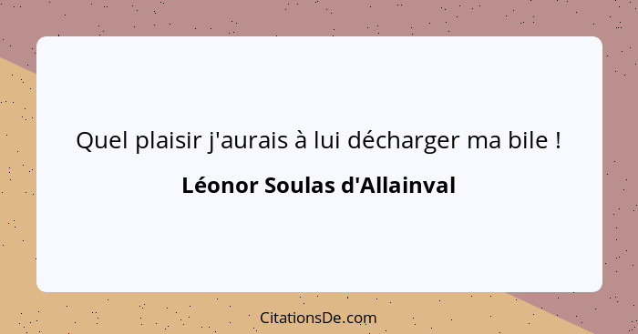 Quel plaisir j'aurais à lui décharger ma bile !... - Léonor Soulas d'Allainval