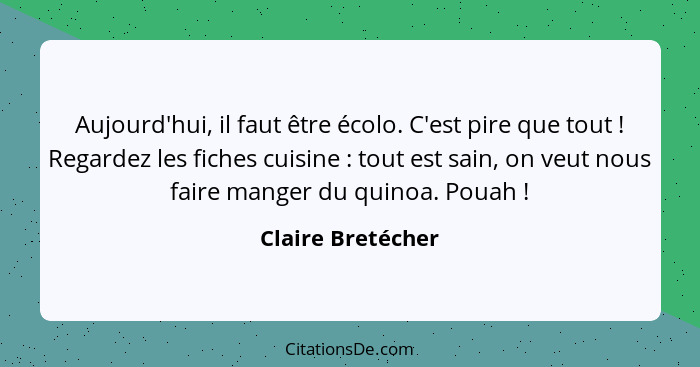 Aujourd'hui, il faut être écolo. C'est pire que tout ! Regardez les fiches cuisine : tout est sain, on veut nous faire ma... - Claire Bretécher