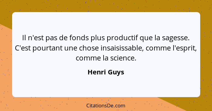 Il n'est pas de fonds plus productif que la sagesse. C'est pourtant une chose insaisissable, comme l'esprit, comme la science.... - Henri Guys