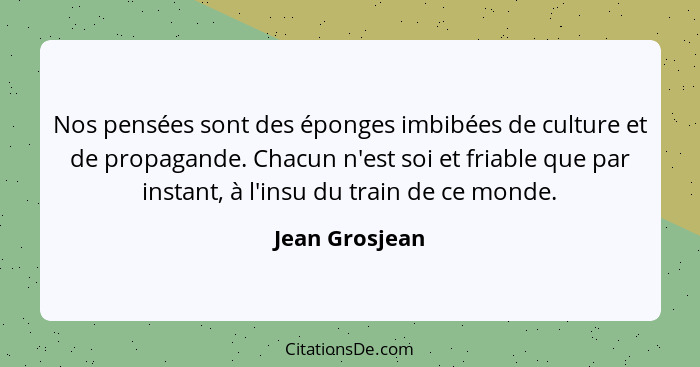 Nos pensées sont des éponges imbibées de culture et de propagande. Chacun n'est soi et friable que par instant, à l'insu du train de c... - Jean Grosjean