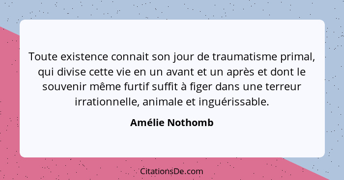 Toute existence connait son jour de traumatisme primal, qui divise cette vie en un avant et un après et dont le souvenir même furtif... - Amélie Nothomb