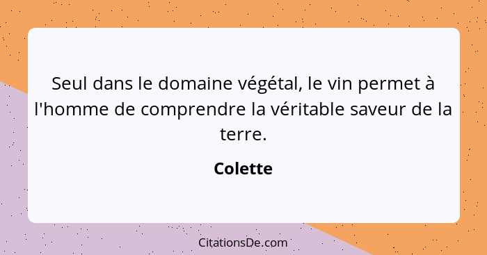 Seul dans le domaine végétal, le vin permet à l'homme de comprendre la véritable saveur de la terre.... - Colette