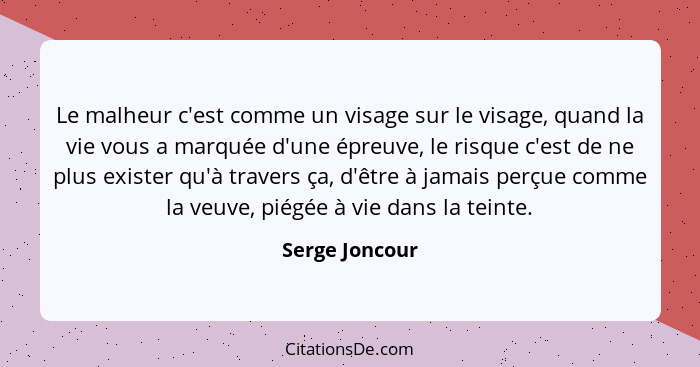 Le malheur c'est comme un visage sur le visage, quand la vie vous a marquée d'une épreuve, le risque c'est de ne plus exister qu'à tra... - Serge Joncour