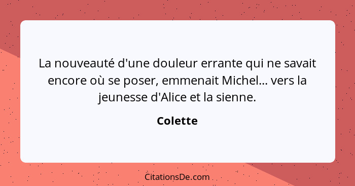 La nouveauté d'une douleur errante qui ne savait encore où se poser, emmenait Michel... vers la jeunesse d'Alice et la sienne.... - Colette