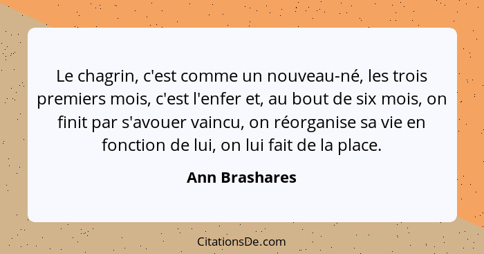 Le chagrin, c'est comme un nouveau-né, les trois premiers mois, c'est l'enfer et, au bout de six mois, on finit par s'avouer vaincu, o... - Ann Brashares