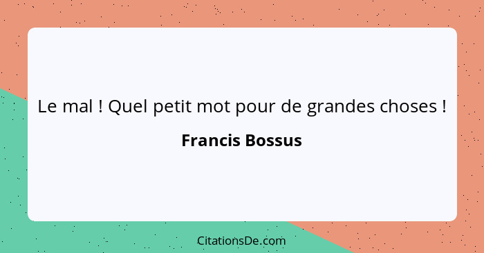 Le mal ! Quel petit mot pour de grandes choses !... - Francis Bossus