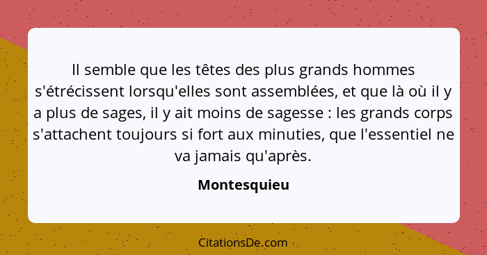 Il semble que les têtes des plus grands hommes s'étrécissent lorsqu'elles sont assemblées, et que là où il y a plus de sages, il y ait m... - Montesquieu