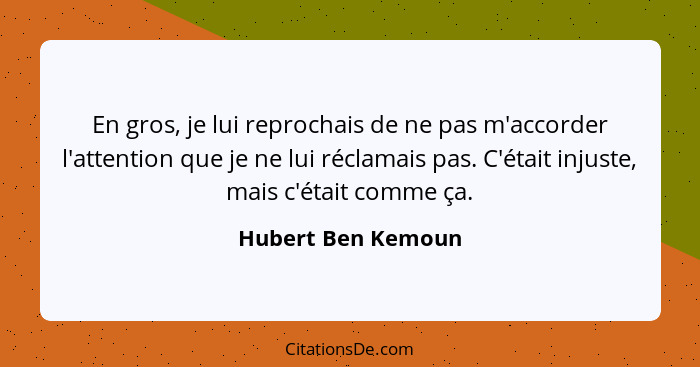 En gros, je lui reprochais de ne pas m'accorder l'attention que je ne lui réclamais pas. C'était injuste, mais c'était comme ça.... - Hubert Ben Kemoun