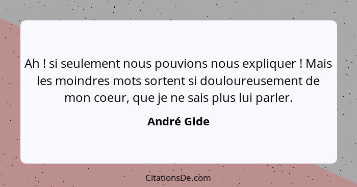 Ah ! si seulement nous pouvions nous expliquer ! Mais les moindres mots sortent si douloureusement de mon coeur, que je ne sais... - André Gide