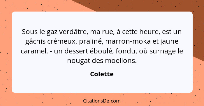 Sous le gaz verdâtre, ma rue, à cette heure, est un gâchis crémeux, praliné, marron-moka et jaune caramel, - un dessert éboulé, fondu, où su... - Colette