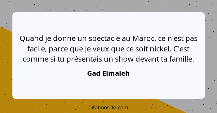 Quand je donne un spectacle au Maroc, ce n'est pas facile, parce que je veux que ce soit nickel. C'est comme si tu présentais un show de... - Gad Elmaleh